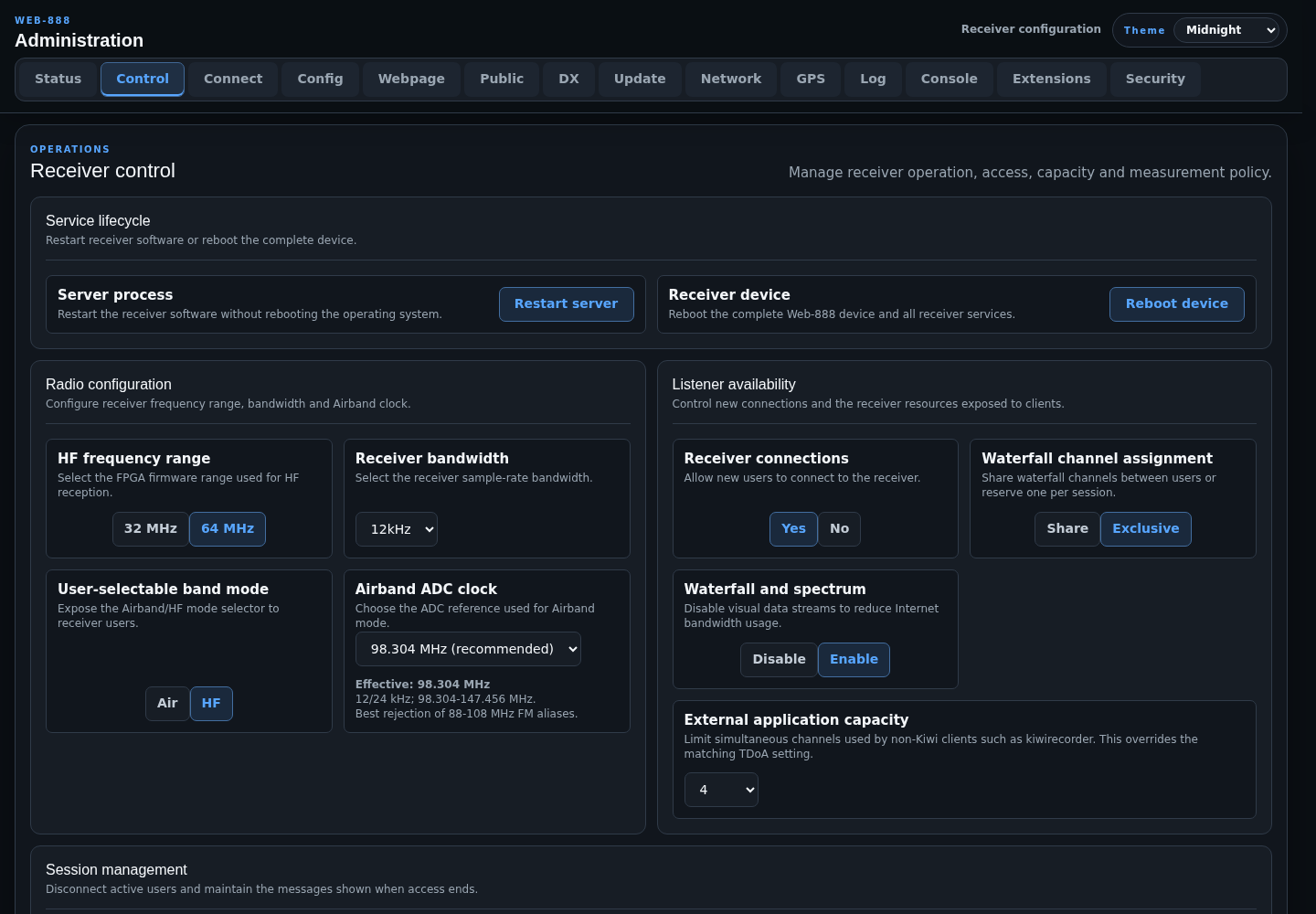 Control page with Airband clock settings