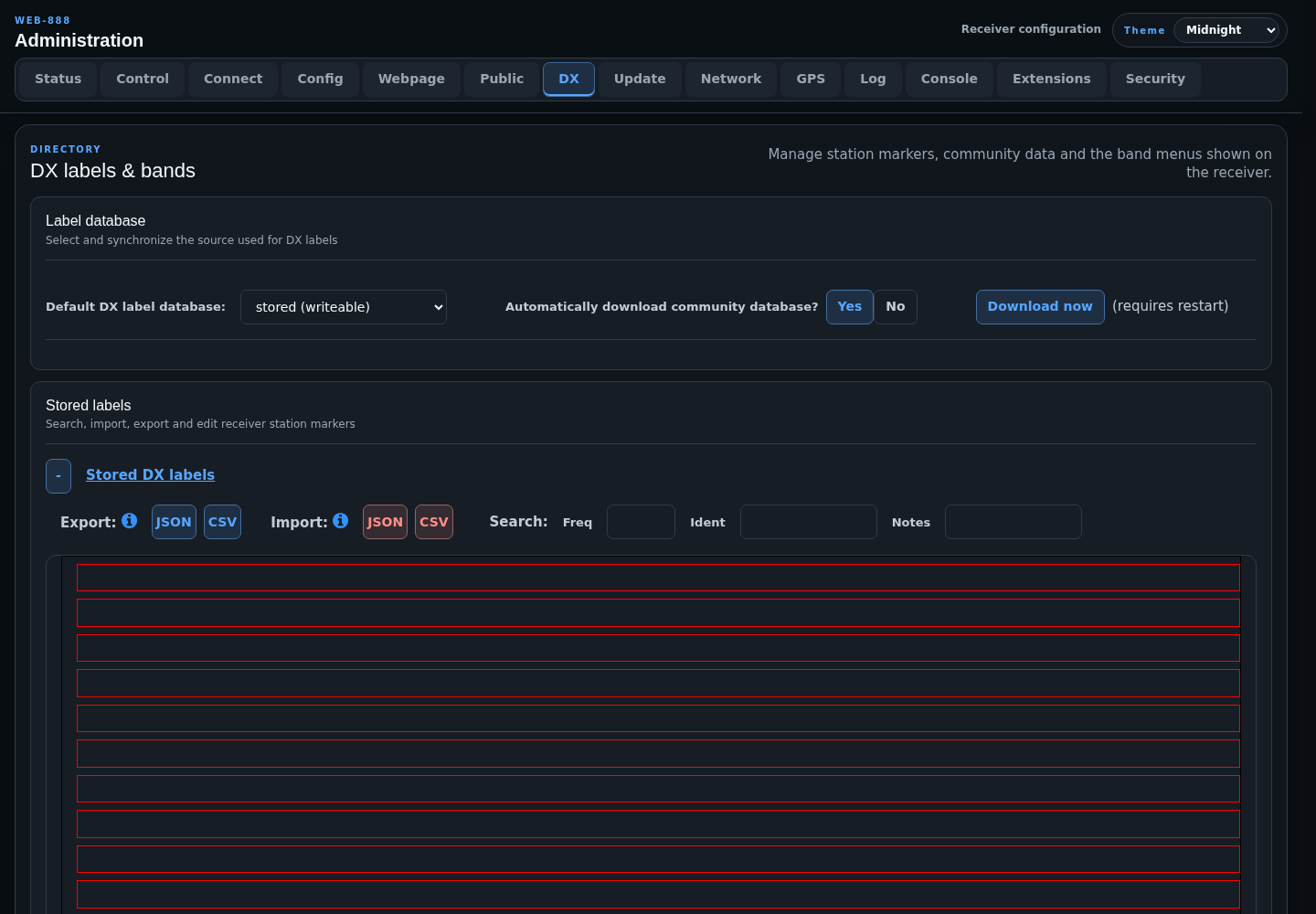 DX labels and bands administration page