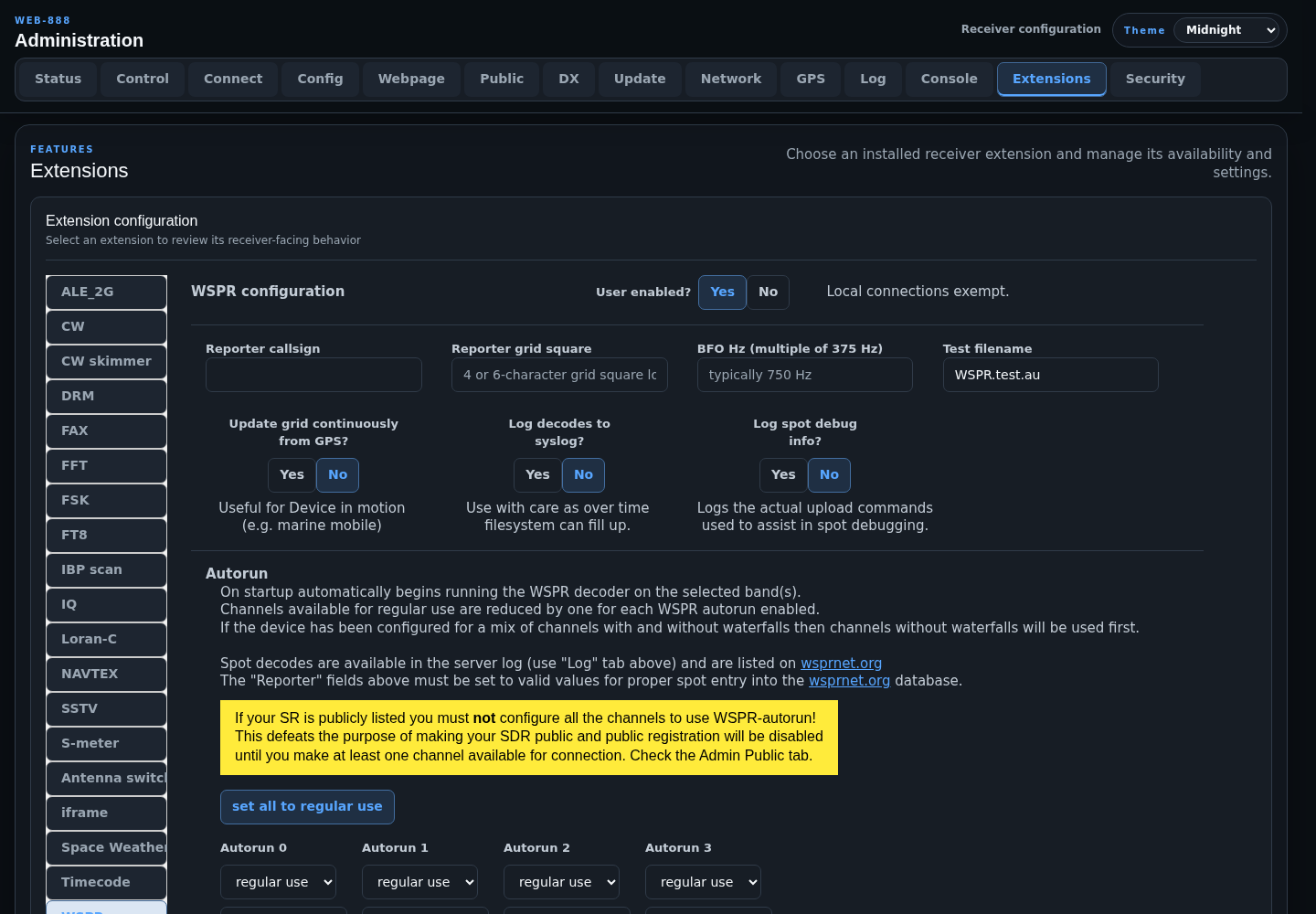 Extensions administration page