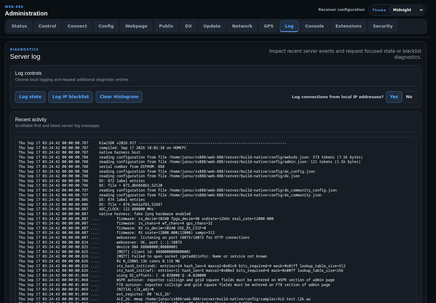 Server log administration page