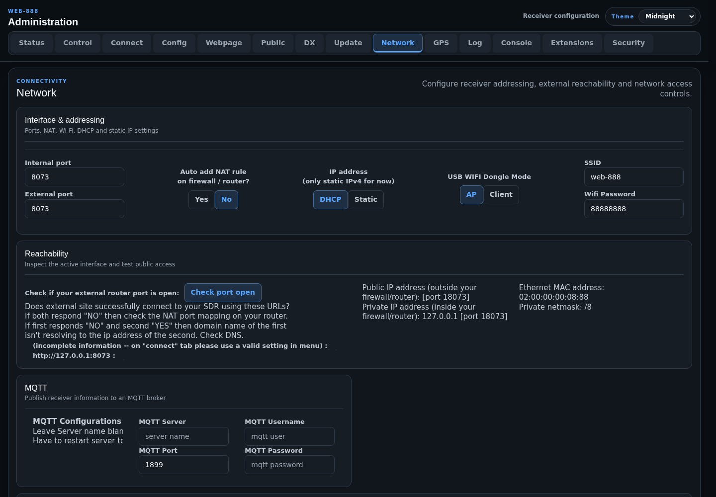 Network administration page