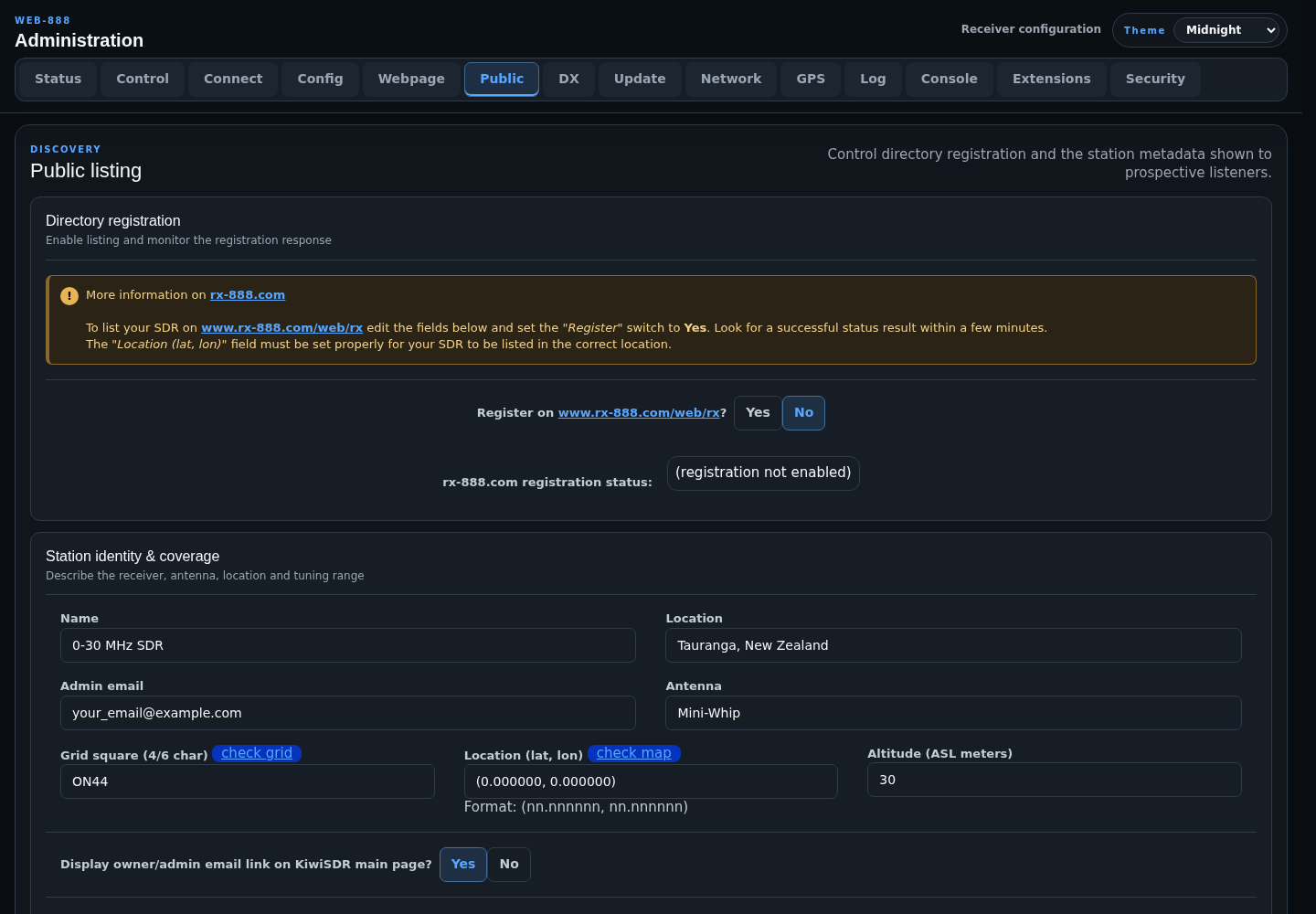 Public listing administration page