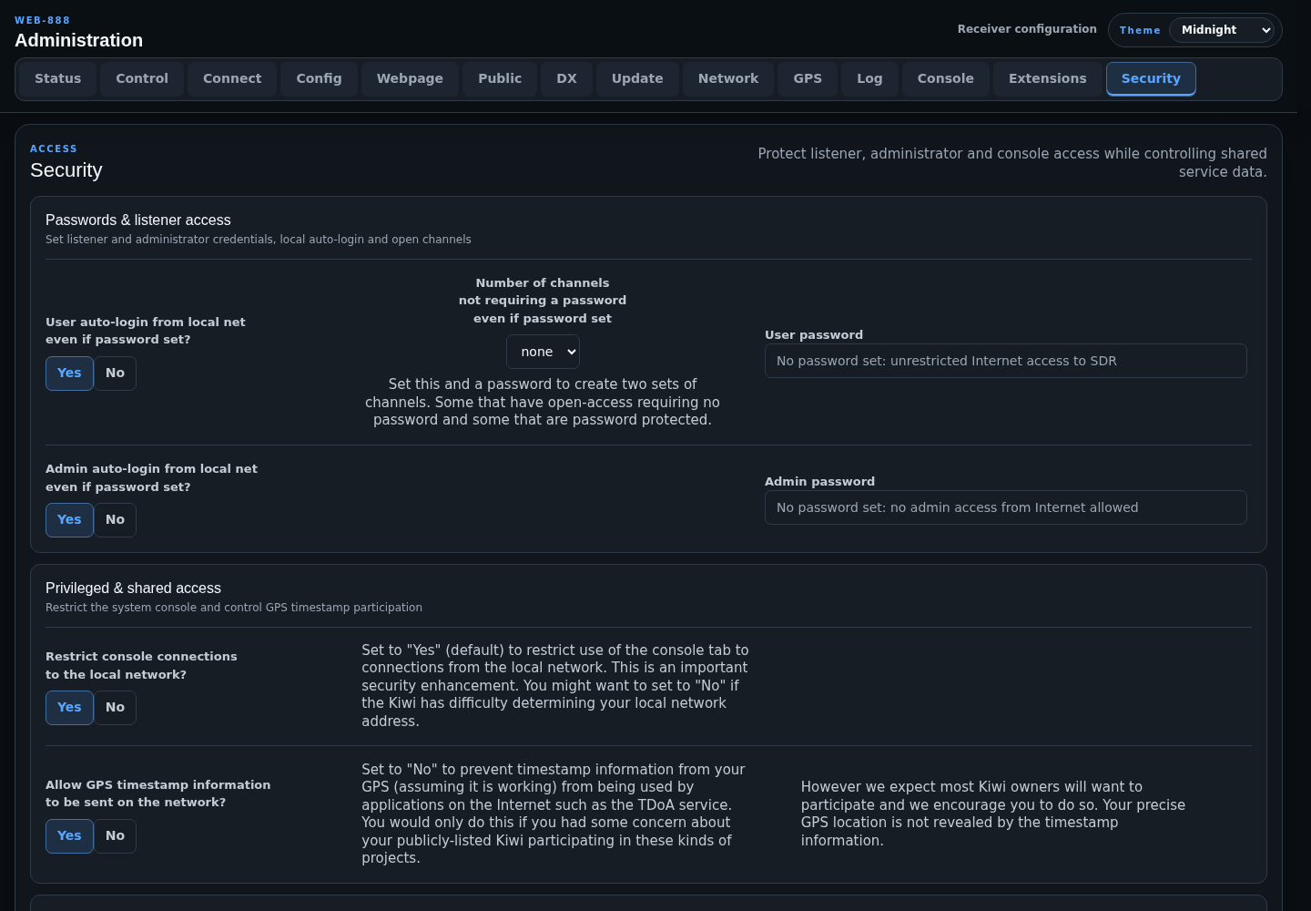 Security administration page