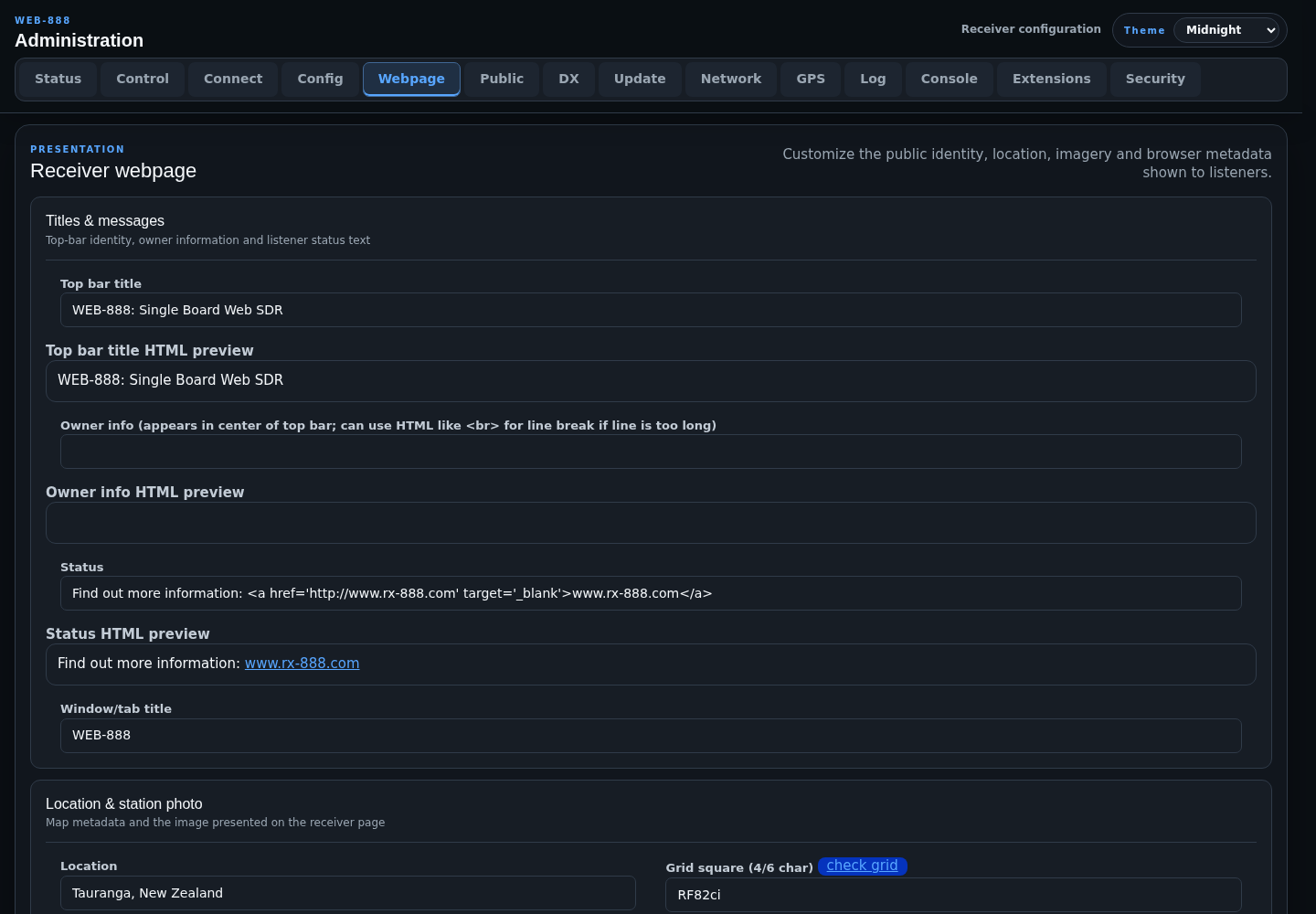 Receiver webpage administration page